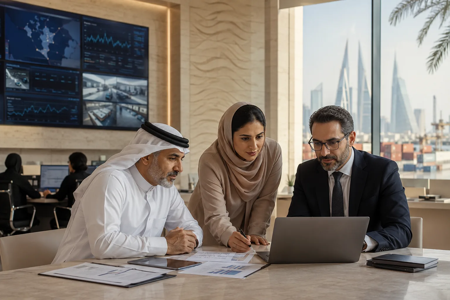 Team reviewing operational data in a Bahrain workplace.