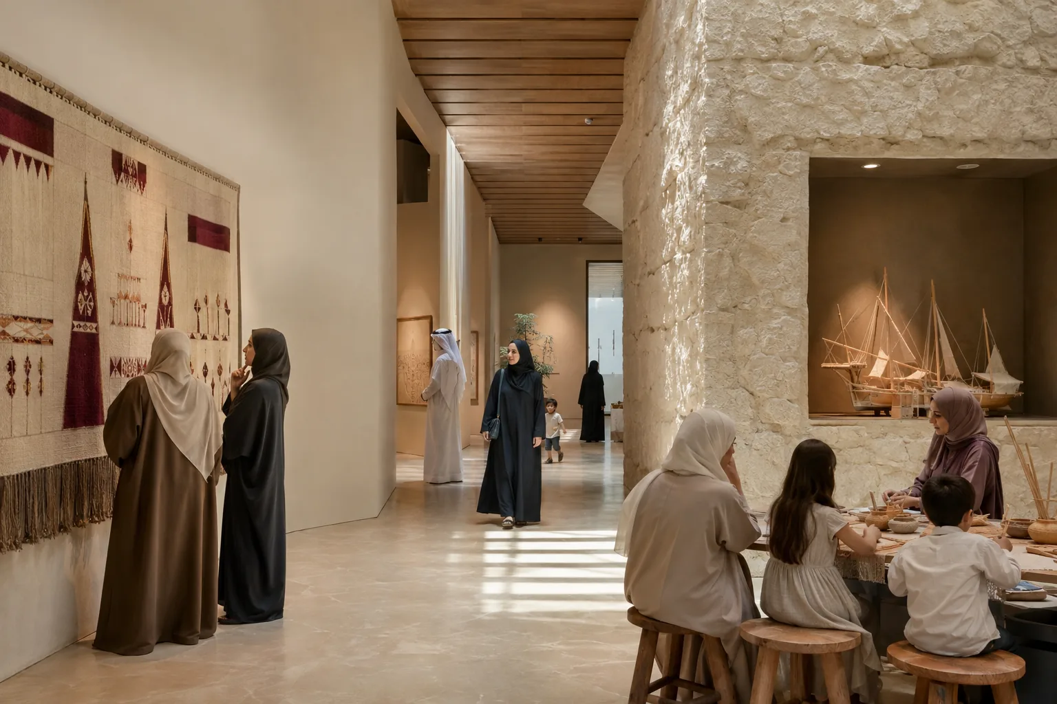 Visitors and families in a Bahraini heritage gallery.