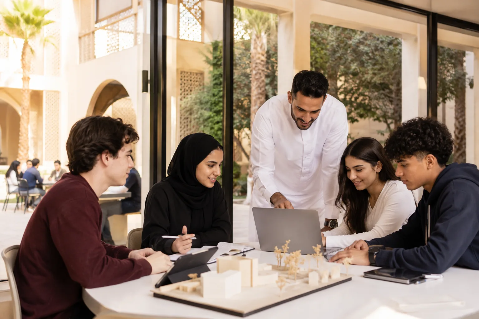 Students working with an educator around a project model in a Gulf courtyard.