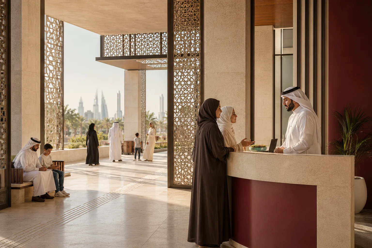 Residents receiving assistance at a modern public-service reception in Bahrain.
