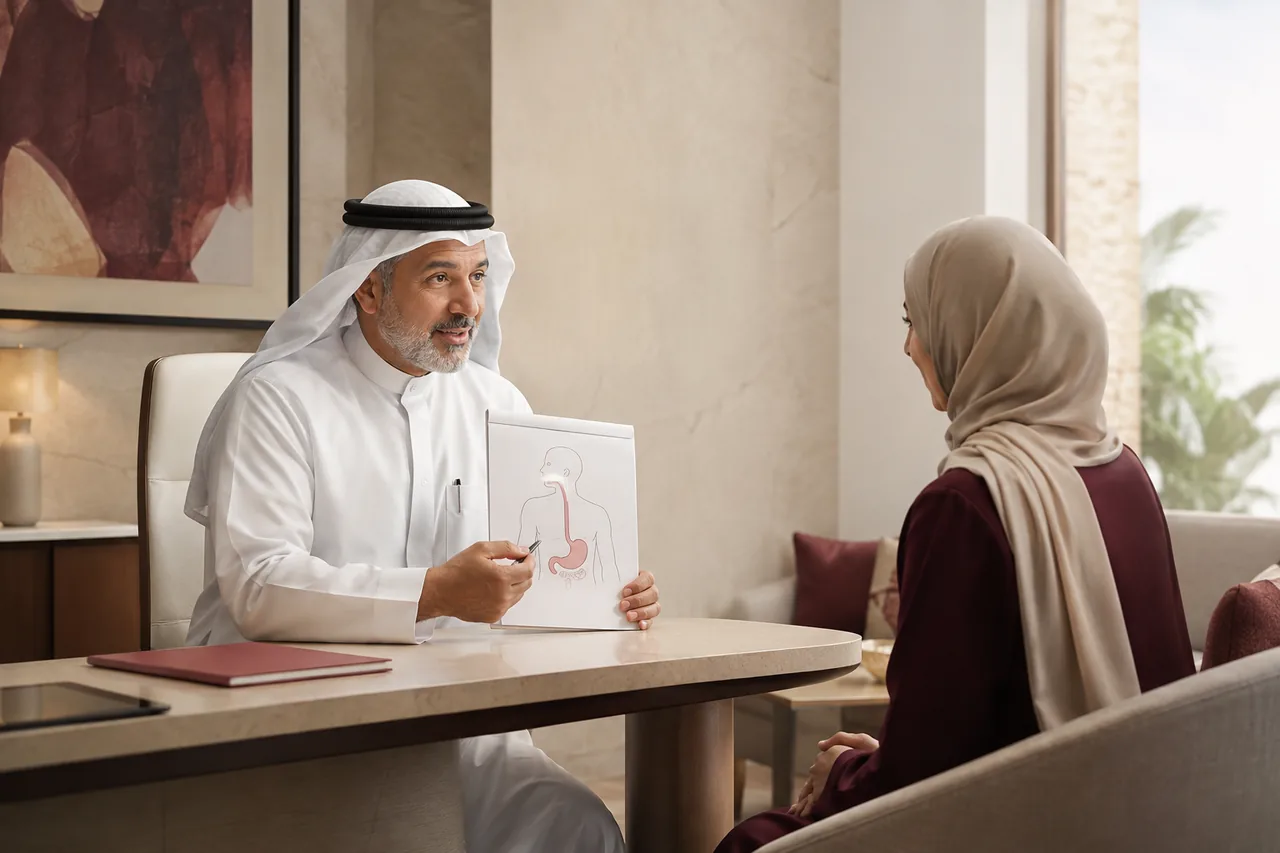 A doctor explaining a care plan to a patient in Bahrain