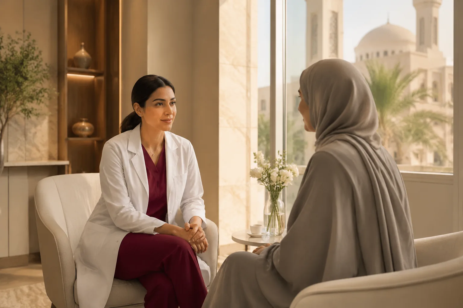 Doctor consulting with a patient in a calm Bahrain clinic.