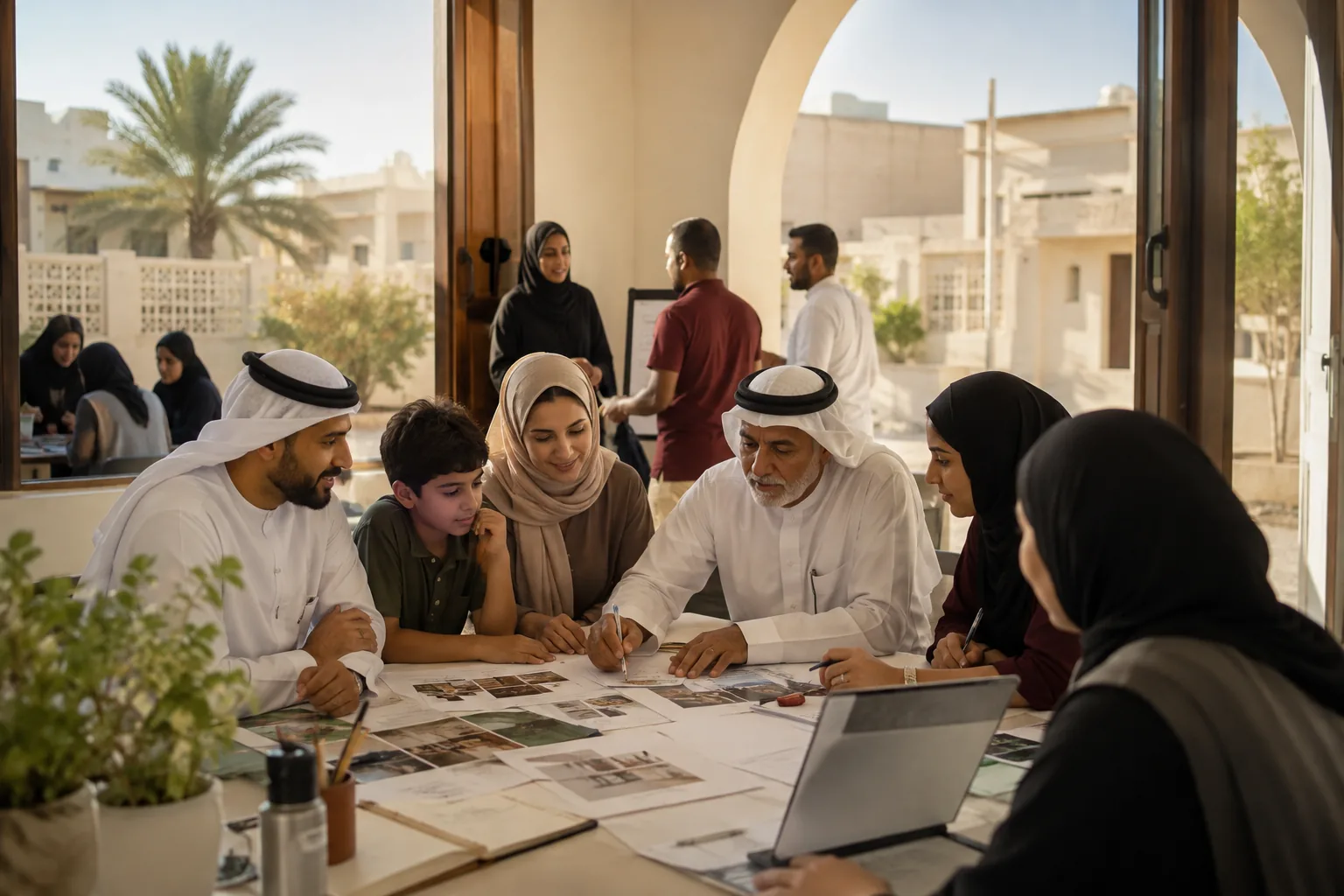 Community members working together around plans in a Bahrain workshop.